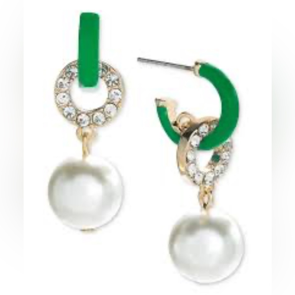 ON 34th Elegant Green and Gold Pearl Drop Earrings
